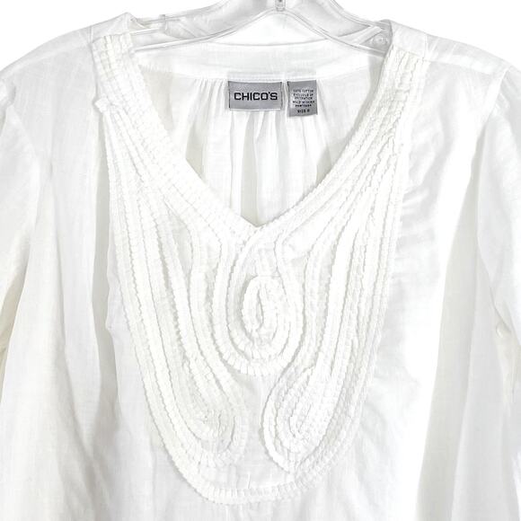 Chicos White Cotton Embroidered Boho Peasant Tunic Top Size 0 or Small - Picture 1 of 7
